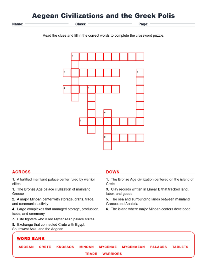 Aegean Civilizations and Greek Polis Crossword Worksheets.