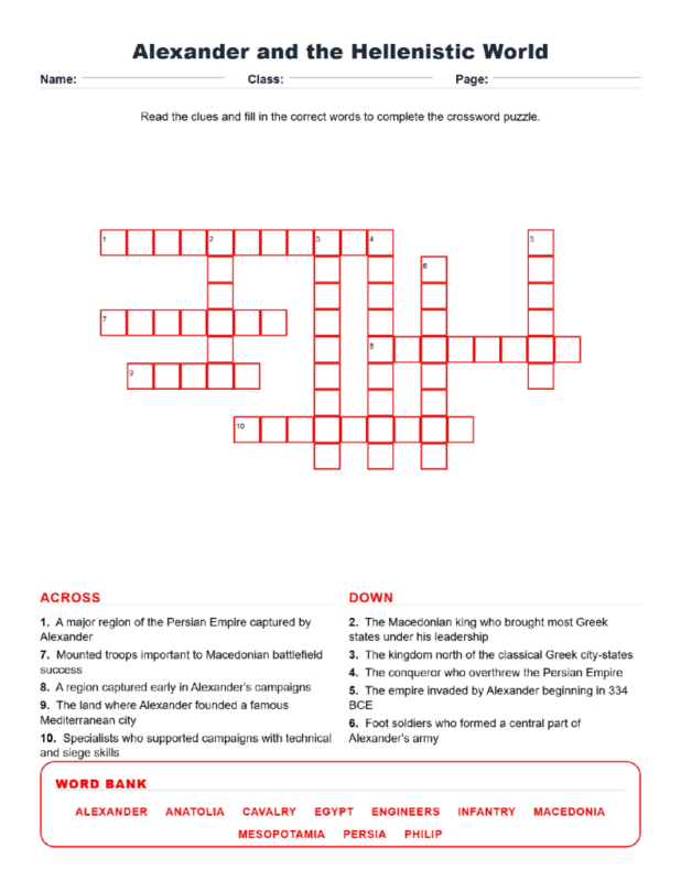 Alexander and Hellenistic World Crossword Worksheets.