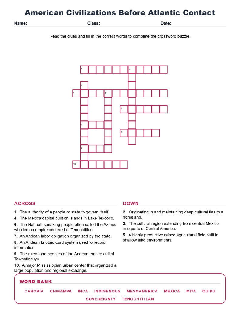 American Civilizations Before Atlantic Contact World History Crossword Worksheets.