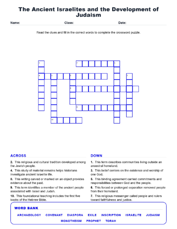 Ancient Israelites Judaism Crossword Worksheets Unit 2.