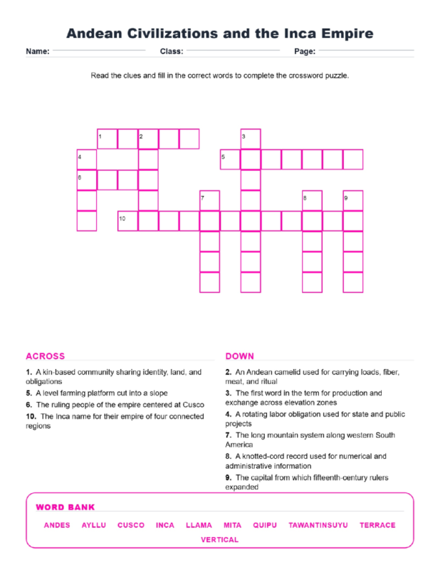 Andean Civilizations and the Inca Empire (Crossword Worksheets) World History Unit 6.