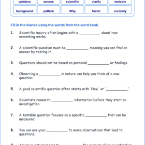 Asking Scientific Questions TEKS 4.1 A Grade 4 science fill in the blanks worksheets.