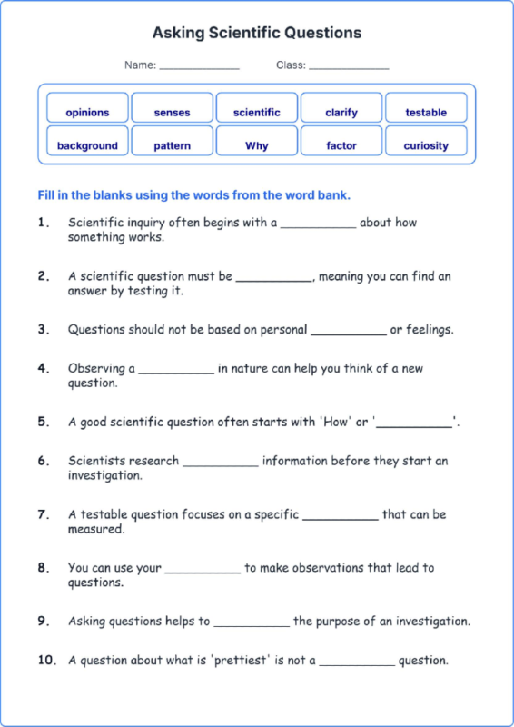 Asking Scientific Questions TEKS 4.1 A Grade 4 science fill in the blanks worksheets.