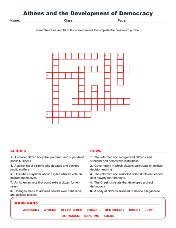 Athens and Development of Democracy Crossword Worksheets.