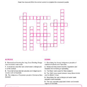 Australia and New Zealand Geography Crossword Worksheets Grades 6 7.