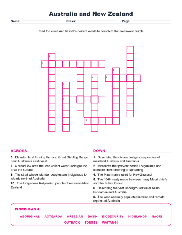 Australia and New Zealand Geography Crossword Worksheets Grades 6 7.