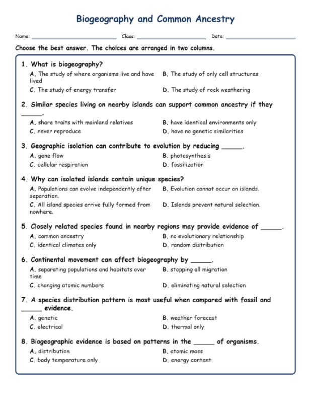 Biogeography and Common MCQs Fill Written Exit Tickets Worksheet TEKS Biology.