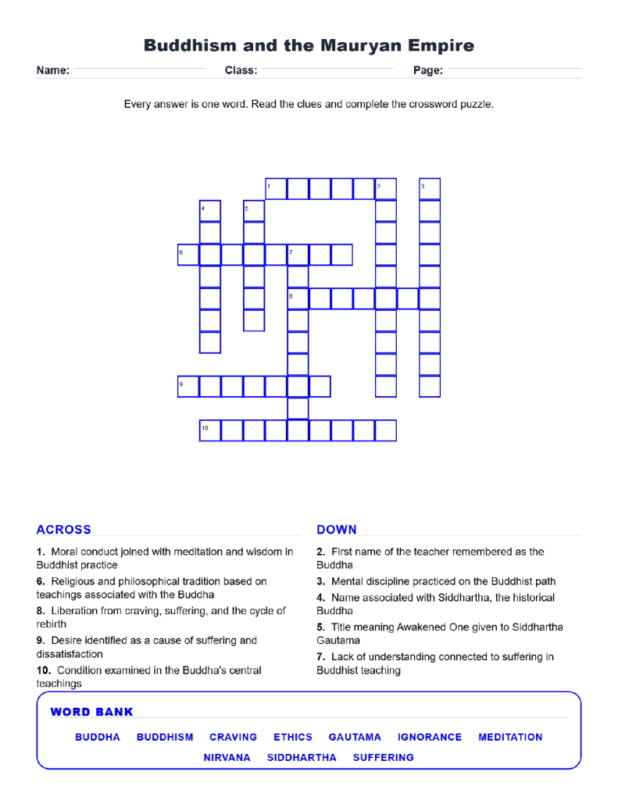 Buddhism and the Mauryan Empire (Crossword Worksheets) World History Unit 4.
