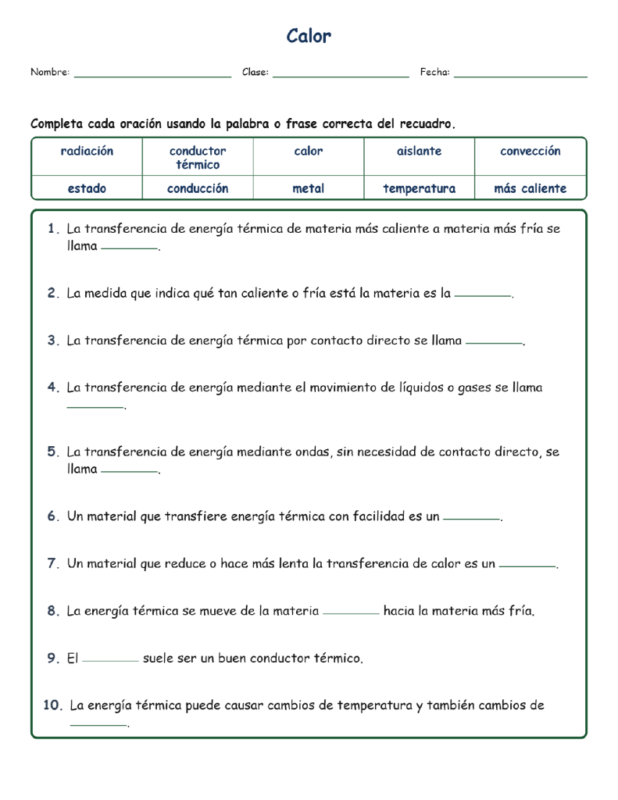 Calor Fill MCQ Written Exit Tickets Worksheet NGSS Grado4