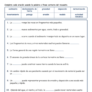 Cambios en los paisaje Completar MCQ Escrita Salida Hoja de trabajo NGSS Grado 4
