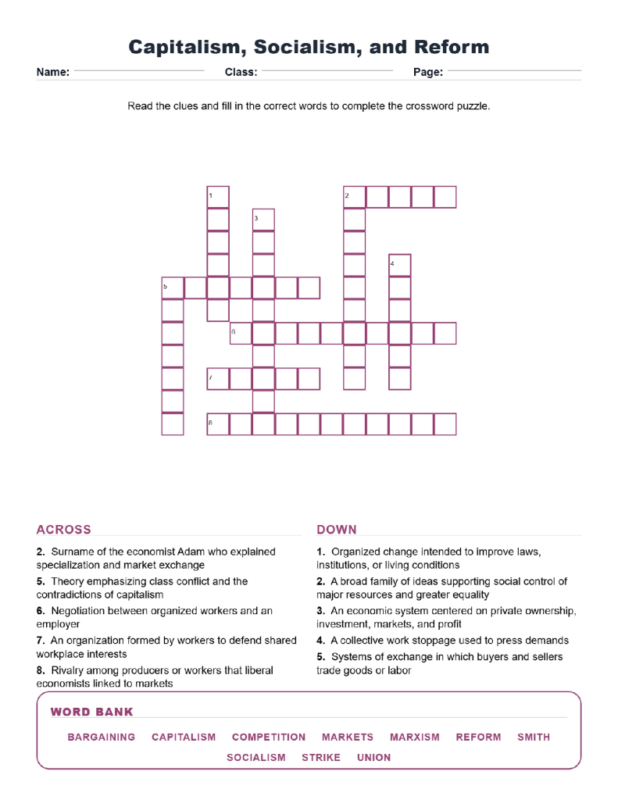 Capitalism Socialism and Reform Crossword World History Worksheets.