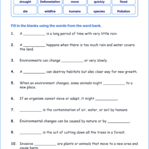 Changes in Environments TEKS 3.9 C Grade 3 science fill in the blanks worksheets.