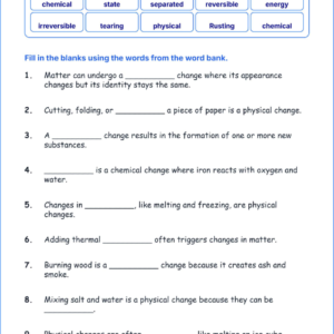 Changes in Matter TEKS 3.6 C Grade 3 science fill in the blanks worksheets.