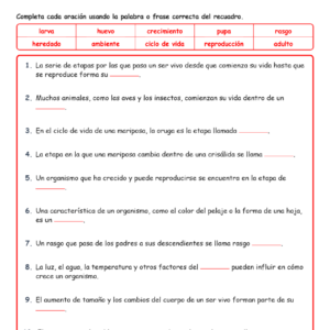 Ciclos de vida y rasgos Completar MCQ Escritas Salida Hojas NGSS Grado 3