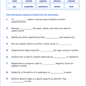 Classifying Matter by Its Properties TEKS 4.6 A Grade 4 science fill in the blanks worksheets.