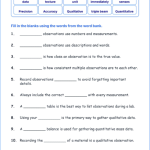 Collecting and Recording Observations TEKS 4.1 E Grade 4 science fill in the blanks worksheets.