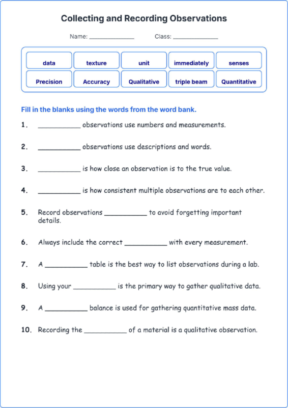 Collecting and Recording Observations TEKS 4.1 E Grade 4 science fill in the blanks worksheets.