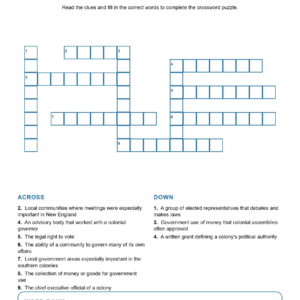 Colonial Government and Daily Life Crossword US History Worksheets.