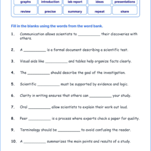 Communicating Scientific Ideas Clearly TEKS 4.3 B Grade 4 science fill in the blanks worksheets.