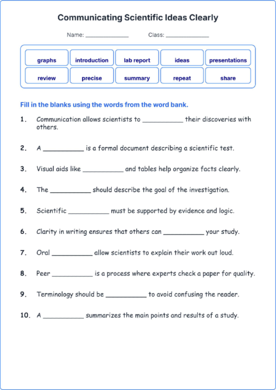 Communicating Scientific Ideas Clearly TEKS 4.3 B Grade 4 science fill in the blanks worksheets.