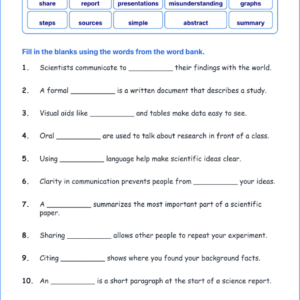 Communicating Scientific Ideas TEKS 3.3 B Grade 3 science fill in the blanks worksheets.