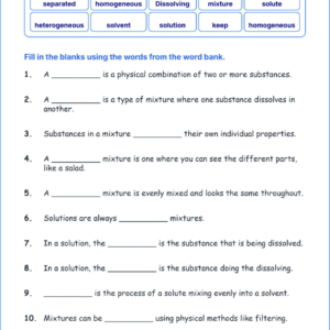 Comparing Mixtures and Solutions TEKS 4.6 B Grade 4 science fill in the blanks worksheets.