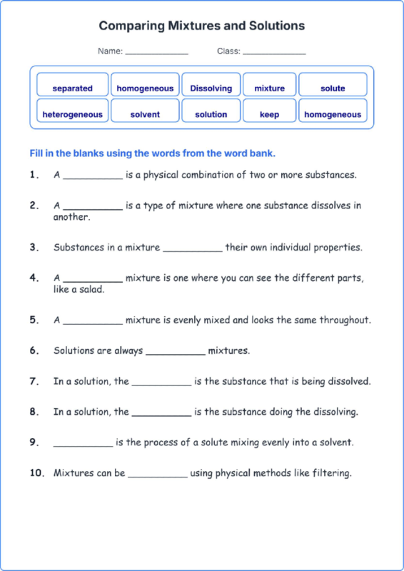 Comparing Mixtures and Solutions TEKS 4.6 B Grade 4 science fill in the blanks worksheets.