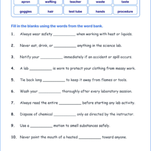 Conducting Safe Science Investigations TEKS 3.1 C Grade 3 science fill in the blanks worksheets.