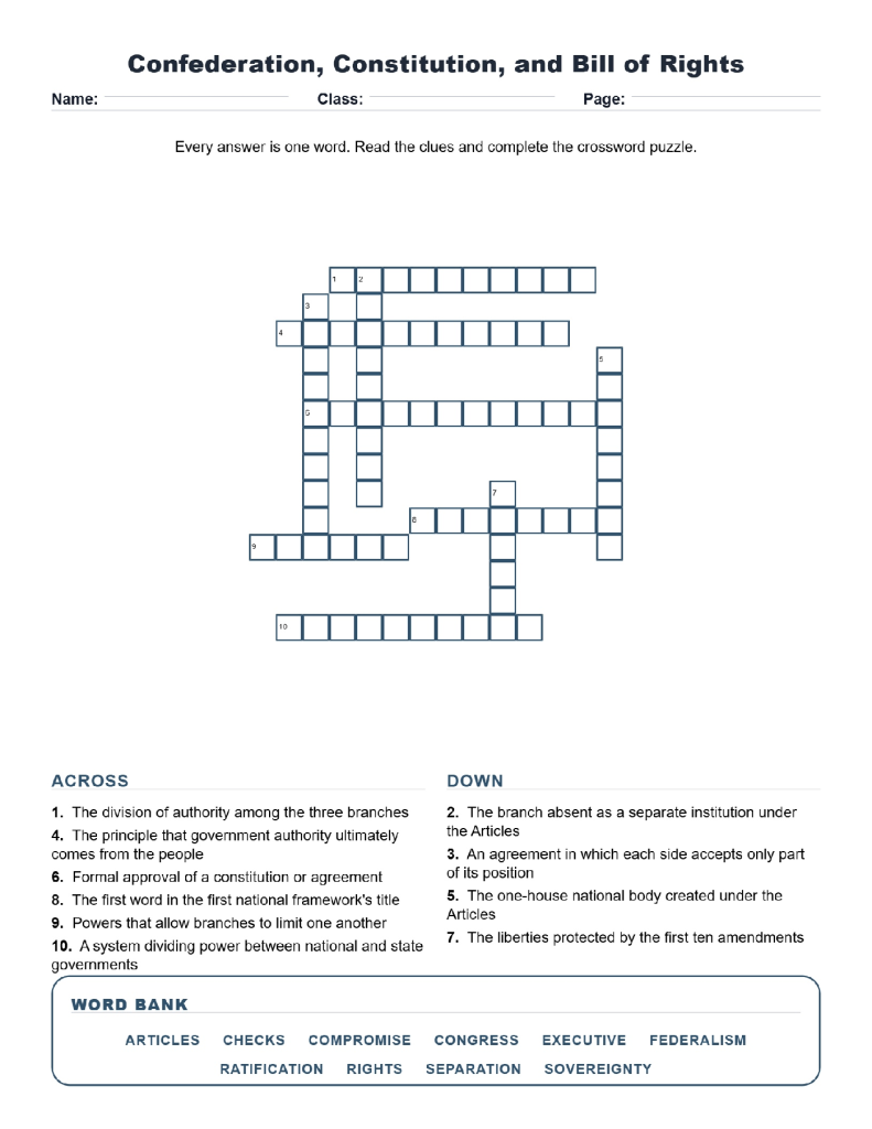 Confederation Constitution and Bill of Rights Grade 8 Crossword US History Worksheets.