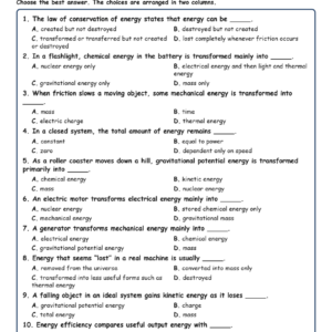 Conservation and Transformation of Energy MCQ Fill Written Exit Tickets Work