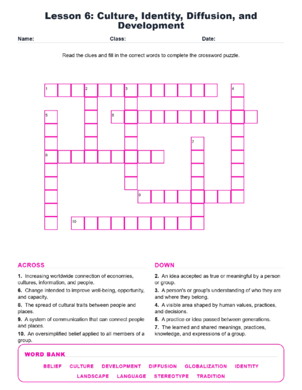 Culture Identity Diffusion and Development Crossword Worksheets Geography Grades 6 7.
