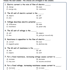 Current, Voltage, and MCQs Fill Written Exit Tickets Worksheet TEKS Physics