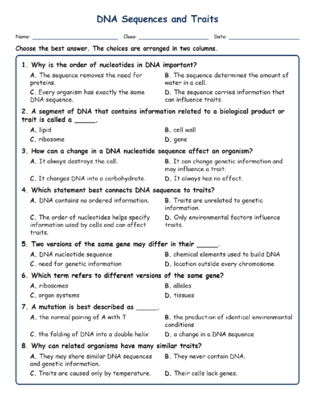 DNA Sequences and Traits Biology TEKS B.7A MCQ Fill Short Exit Worksheets.