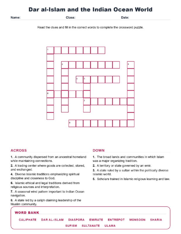 Dar al Islam Indian Ocean World History Crossword Worksheets.