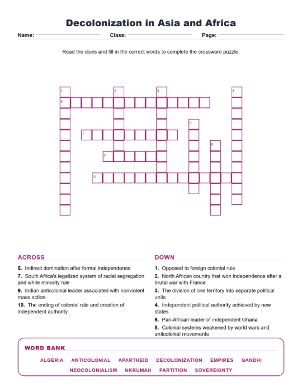Decolonization in Asia and Africa (Crossword Worksheets) World History Grades 9 to 10 Unit 6.
