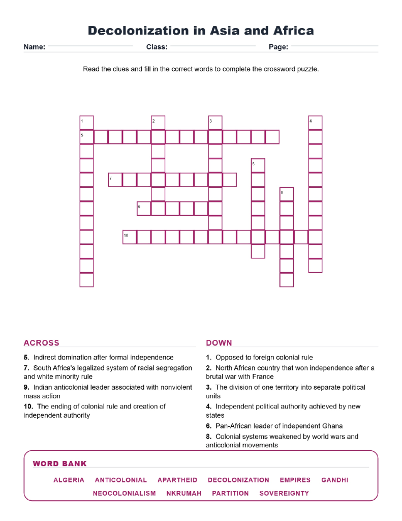Decolonization in Asia and Africa (Crossword Worksheets) World History Grades 9 to 10 Unit 6.