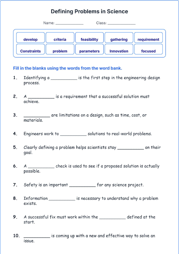 Defining Problems in Science TEKS 3.1 A Grade 3 science fill in the blanks worksheets.