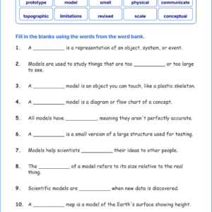 Developing and Using Models TEKS 3.1 G Grade 3 science fill in the blanks worksheets.