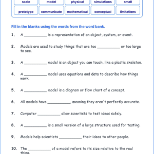 Developing and Using Models TEKS 4.1 G Grade 4 science fill in the blanks worksheets.
