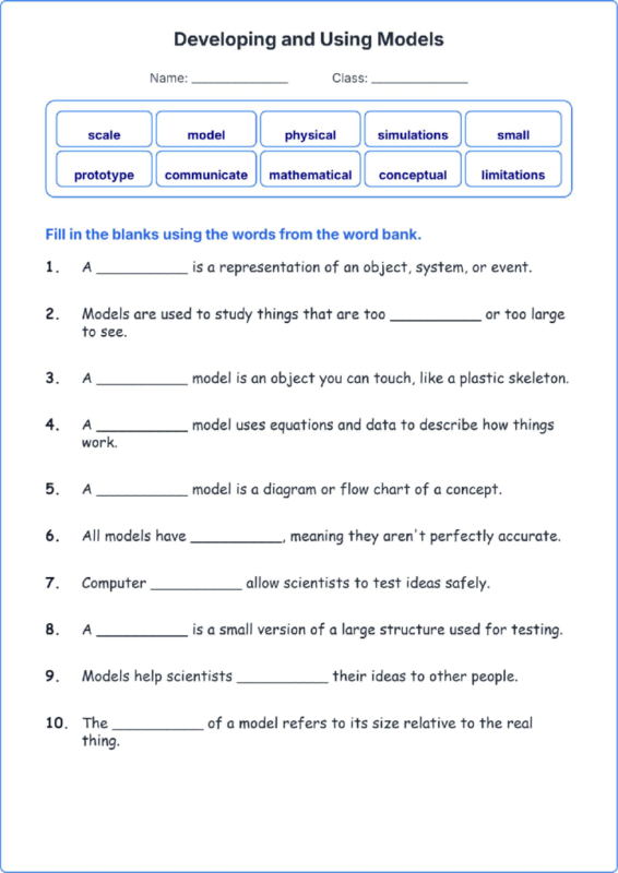 Developing and Using Models TEKS 4.1 G Grade 4 science fill in the blanks worksheets.