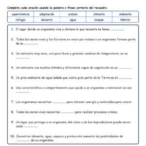 Diferentes ambientes Completar MCQ Escritas Salida Hojas NGSS Grado 3