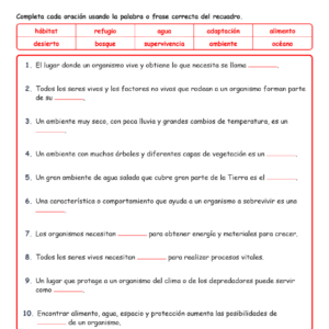 Diferentes ambientes Completar MCQ Escritas Salida Hojas NGSS Grado 3