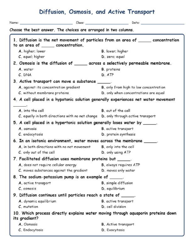Diffusion, Osmosis, and Active Transport MCQ Fill Written Exit Tickets Works