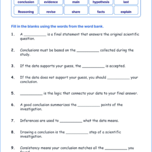 Drawing Conclusions from Investigations TEKS 3.2 D Grade 3 science fill in the blanks worksheets.