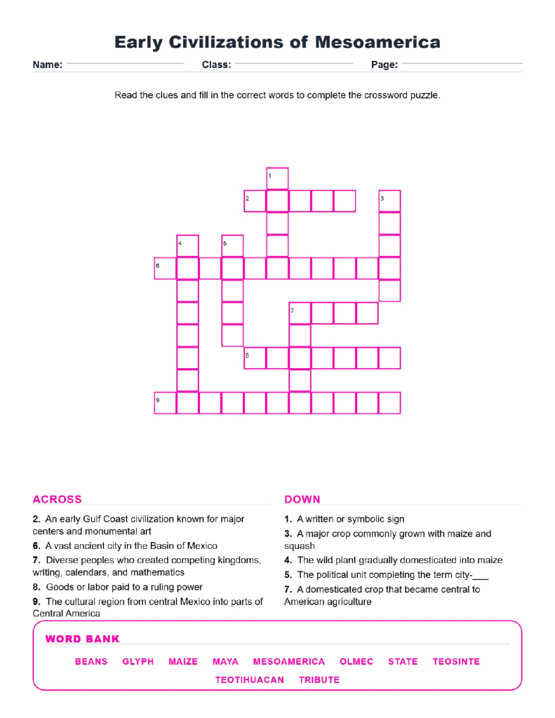 Early Civilizations of Mesoamerica (Crossword Worksheets) World History Unit 6.