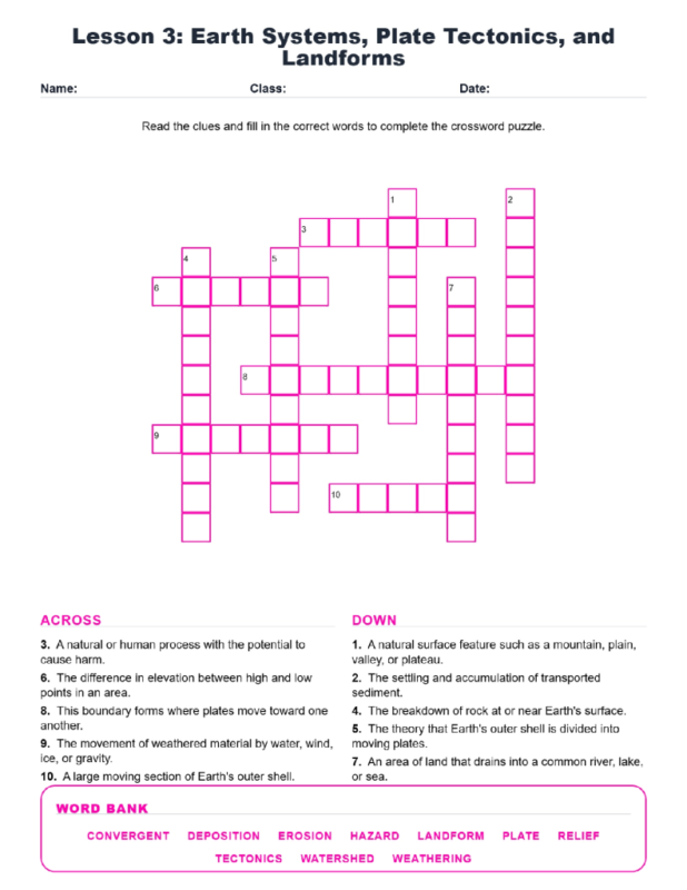 Earth Systems Plate Tectonics and Landforms Crossword Worksheets Geography Grades 6 7.