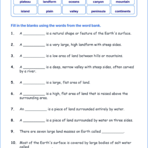 Earth’s Surface Features TEKS 3.8 A Grade 3 science fill in the blanks worksheets.