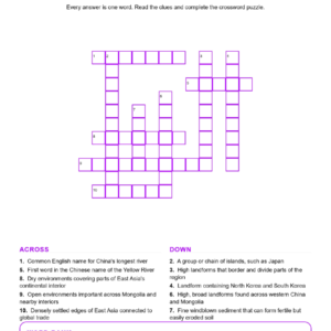 East Asia Crossword Worksheets Geography Grades 6 7 Unit 5.