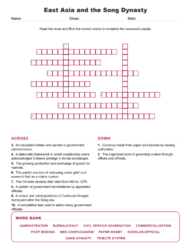 East Asia Song Dynasty World History Crossword Worksheets.
