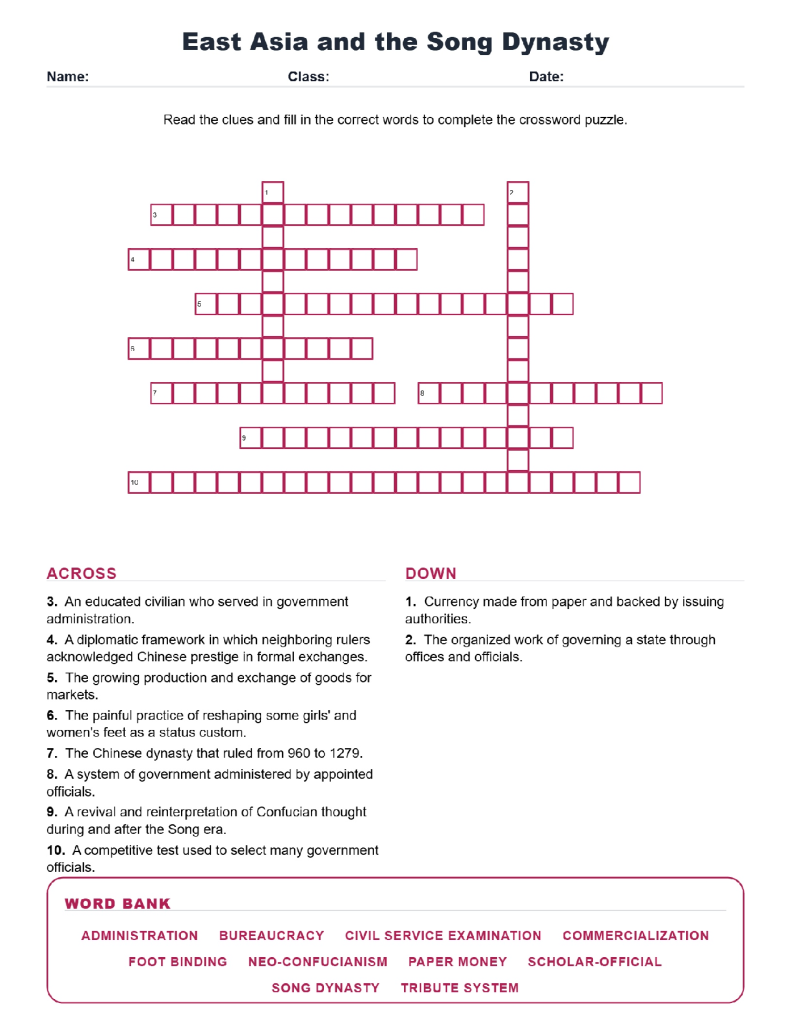 East Asia Song Dynasty World History Crossword Worksheets.